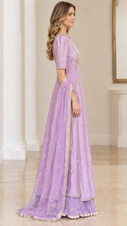 Side profile of lavender floor-length occasion dress showing flow and silhouette