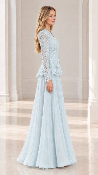 Side profile view of Ice Blue long sleeve lace formal gown