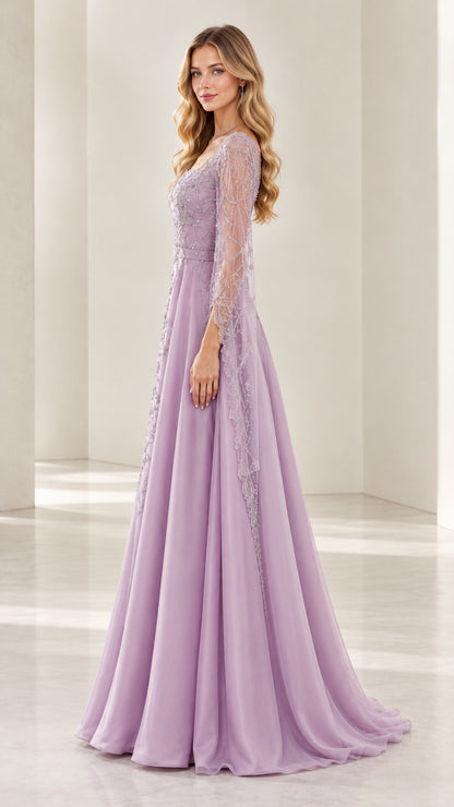 Side angle view of woman modeling lavender A-line beaded formal dress with sheer split sleeves