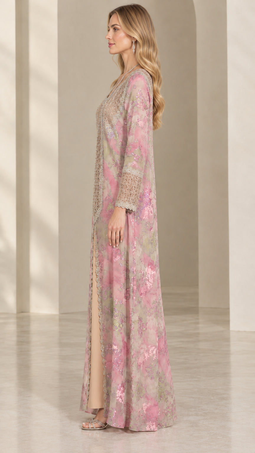 Side profile of Blush Pink floral embroidered kaftan dress showing layered drape
