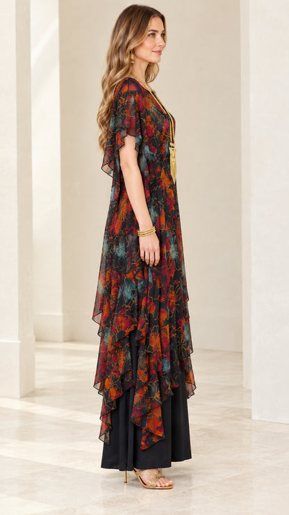 Side profile view of Black Multi floral tiered chiffon maxi dress