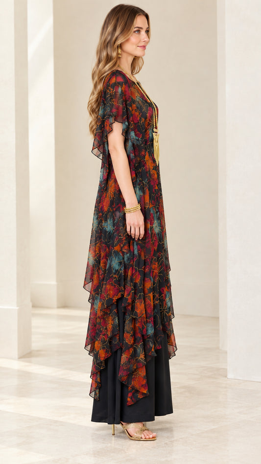 Side profile view of Black Multi floral tiered chiffon maxi dress