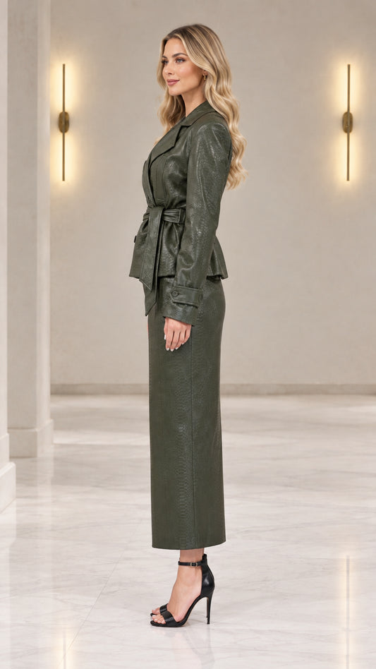 Side profile view of model in olive green faux leather jacket and maxi column skirt