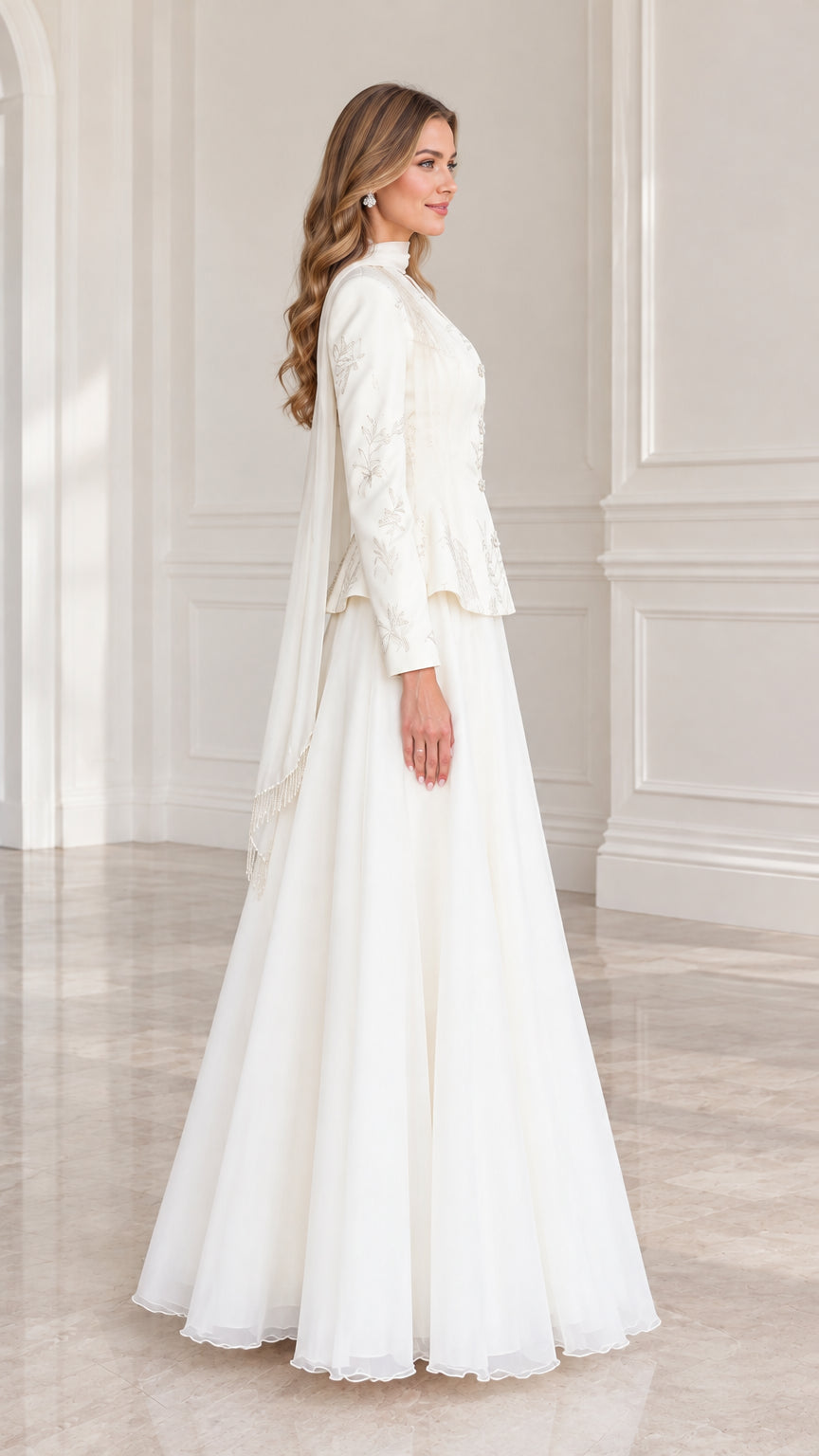 Side profile view of woman wearing Ivory two-piece peplum maxi dress set