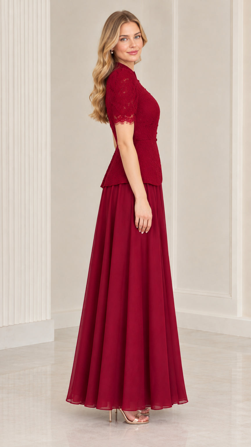 Burgundy lace peplum evening gown side view showing flattering silhouette