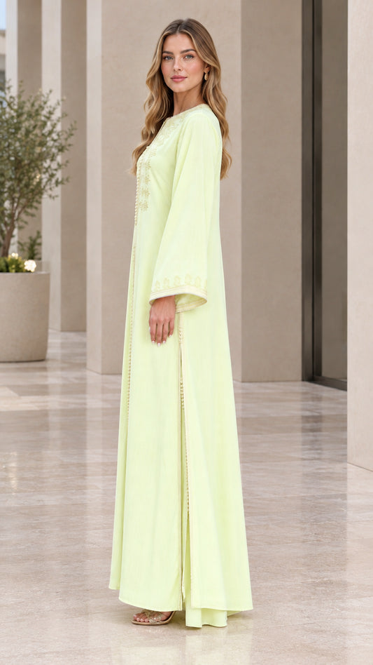 Light green modest embroidered kaftan dress side view