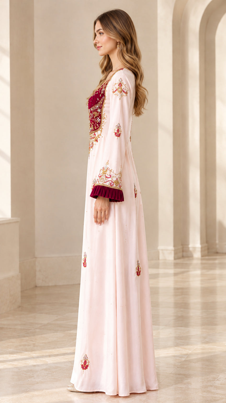 Side angle view of model wearing Blush Pink long sleeve embroidered maxi gown