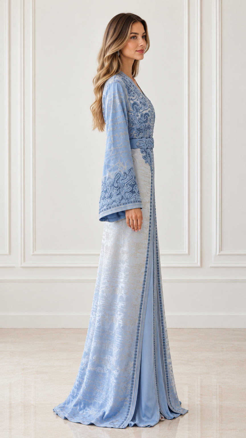 Side profile of model in Light Blue long sleeve embroidered formal kaftan gown