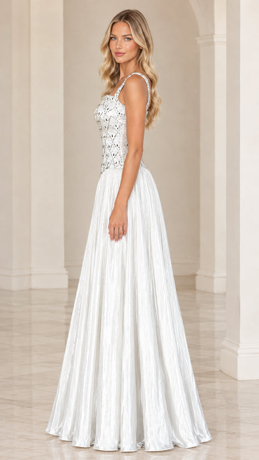 Side profile of white rhinestone-embellished formal maxi gown