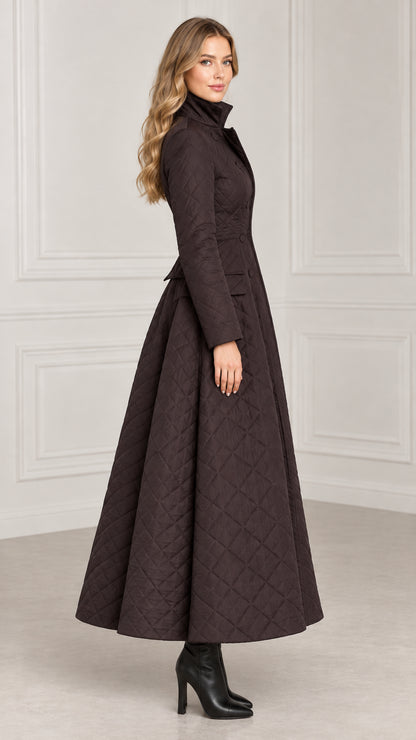 Side profile view of dark brown quilted flared maxi winter coat