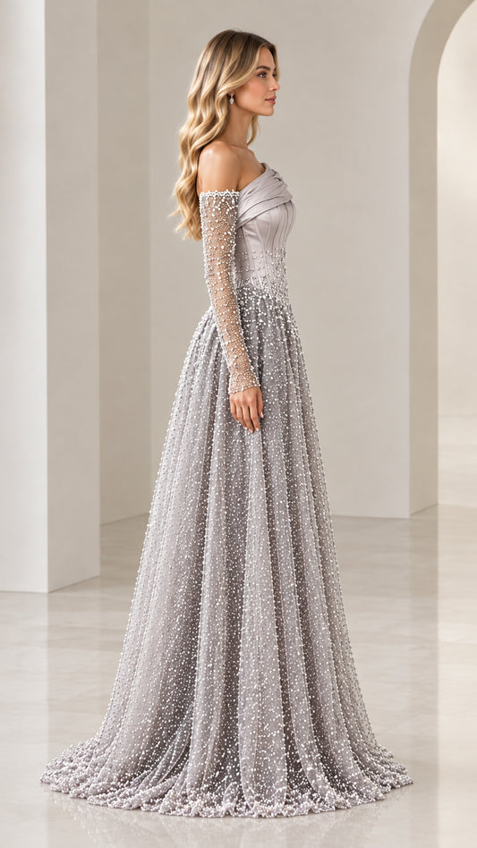 Side profile of silver grey long sleeve pearl-embellished formal dress