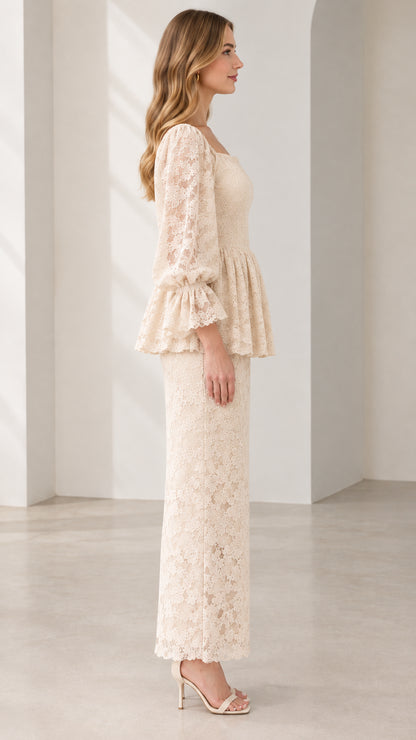 Side profile of Cream Floral Lace Peplum Maxi Dress with flounce sleeves