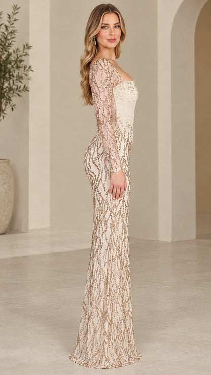 Side profile view of champagne long sleeve sequin evening dress