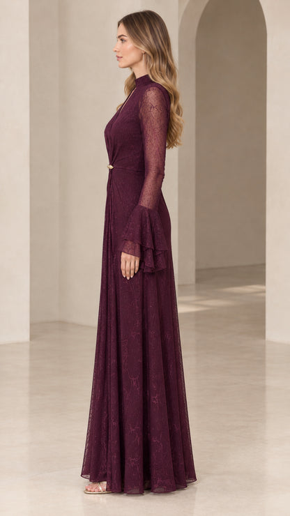 Side profile of elegant burgundy formal maxi dress with tiered flare cuffs