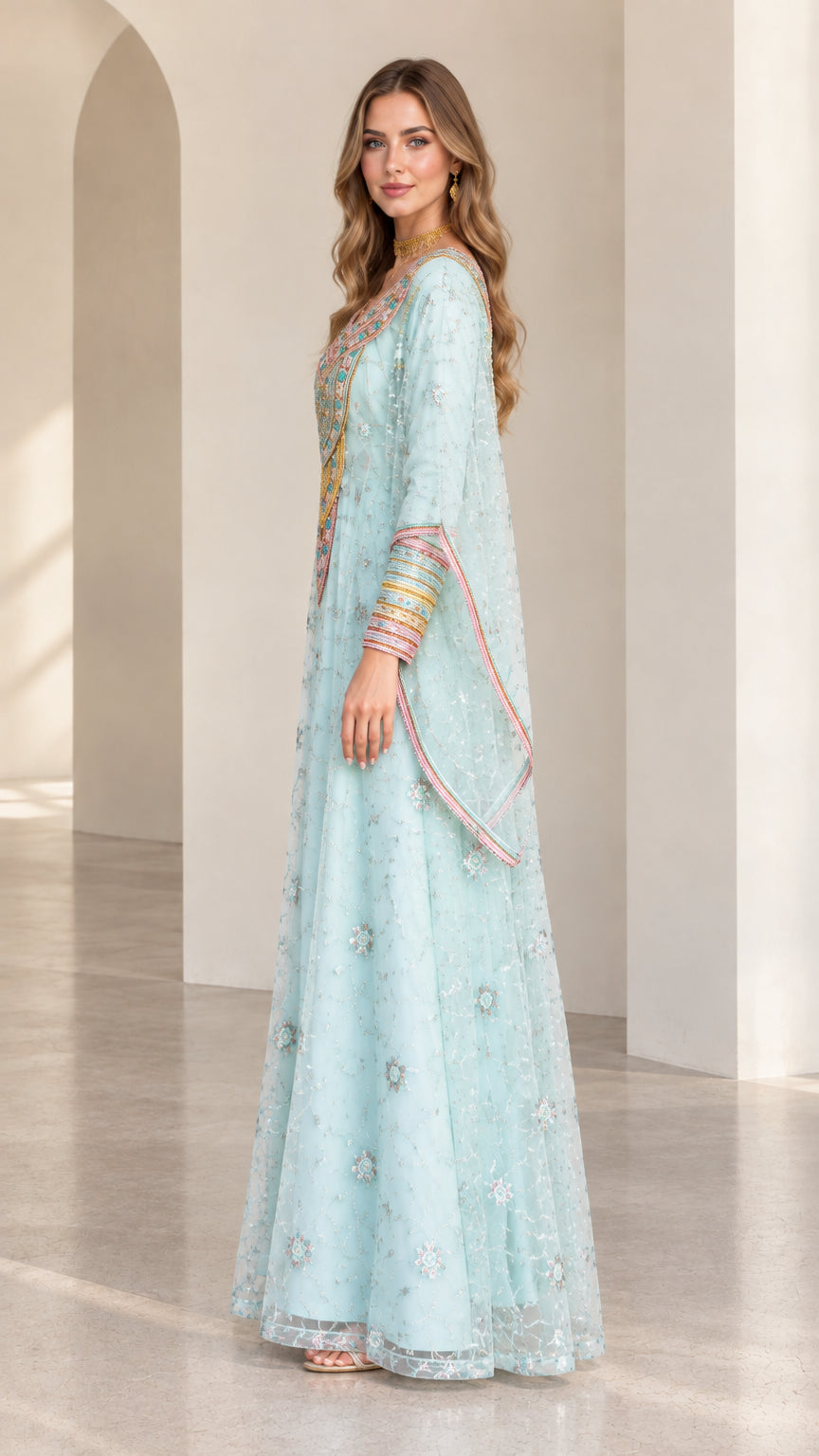 Side profile view of light blue embroidered kaftan gown showing sleeve drape