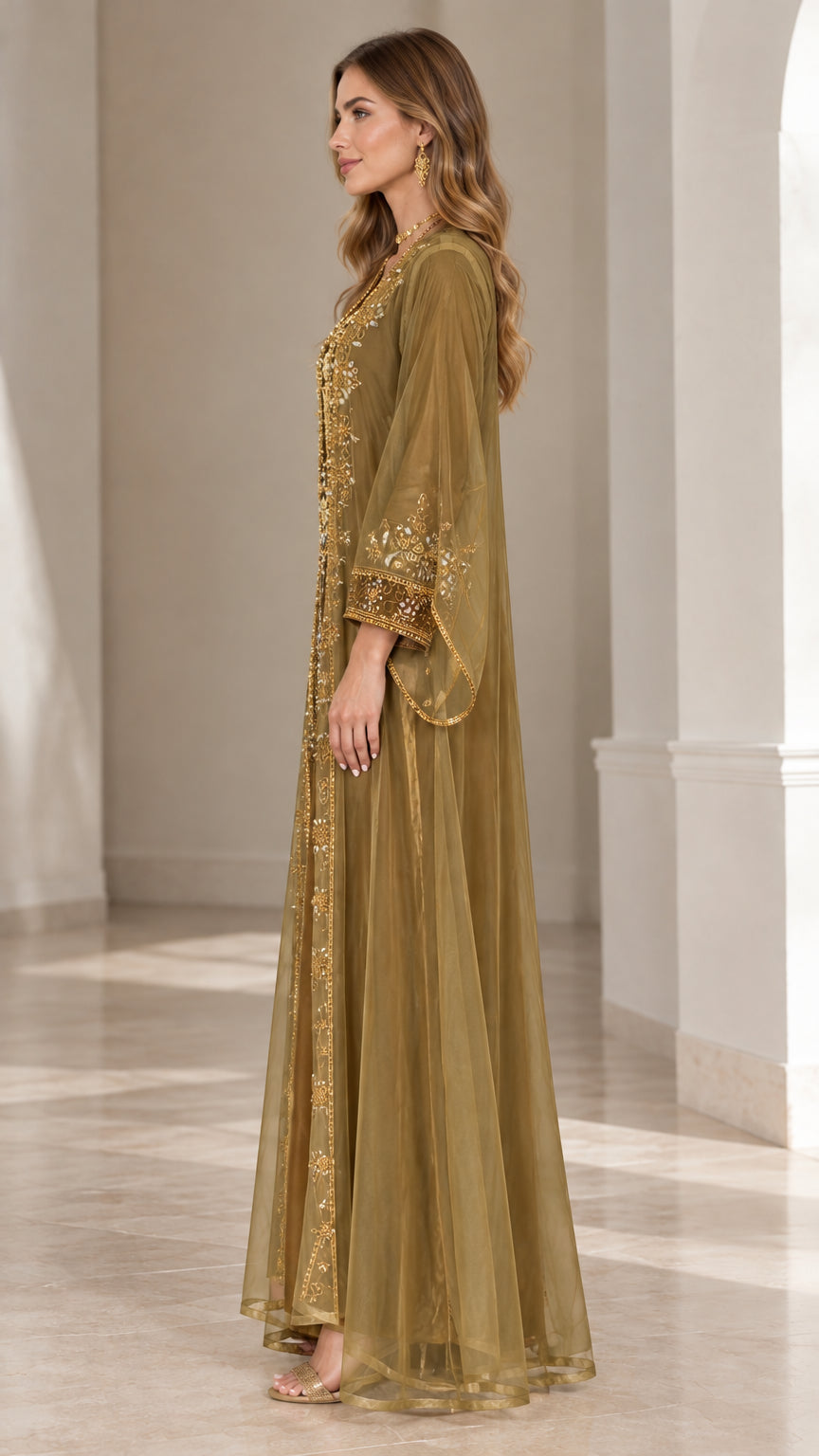 Olive Gold embroidered sheer overlay kaftan dress side view