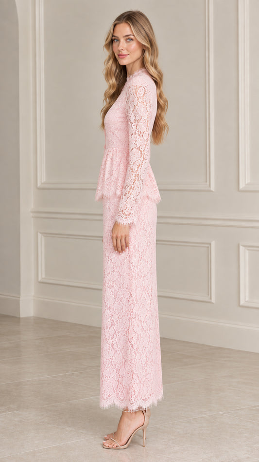Side view of Blush Pink lace peplum long sleeve maxi dress set