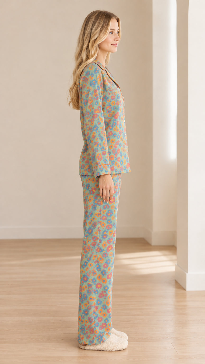 Side profile view of model wearing dusty blue floral pajama pants and top