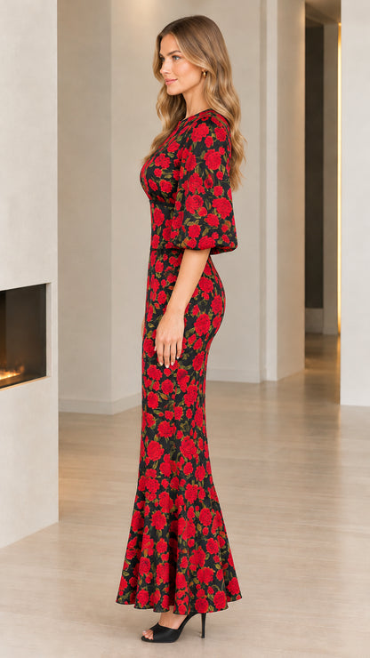 Side profile view of floral trumpet gown showing fitted waist and flared hem