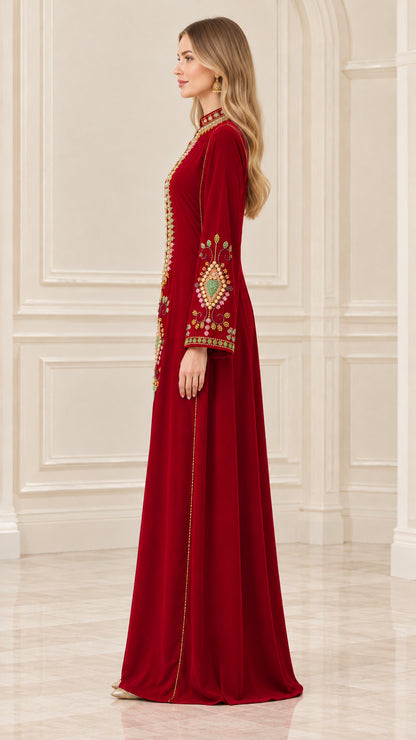 Side profile of wine red embroidered velvet long-sleeve maxi dress