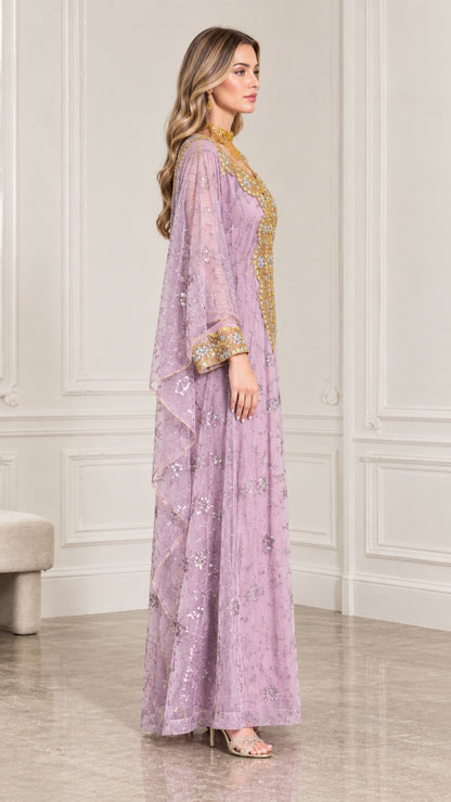 Side profile of women's lavender embellished kaftan evening gown