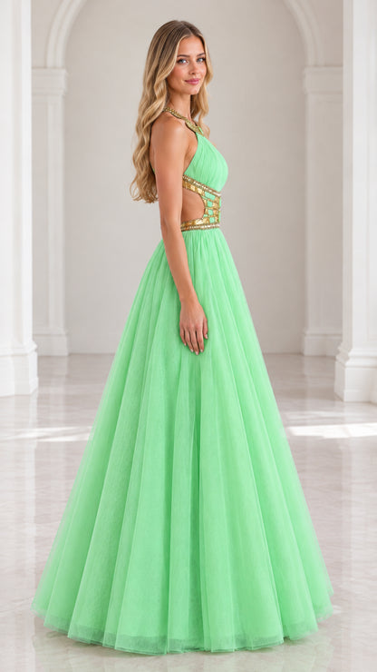 Side profile of mint green halter tulle gown showing beaded waist cutout