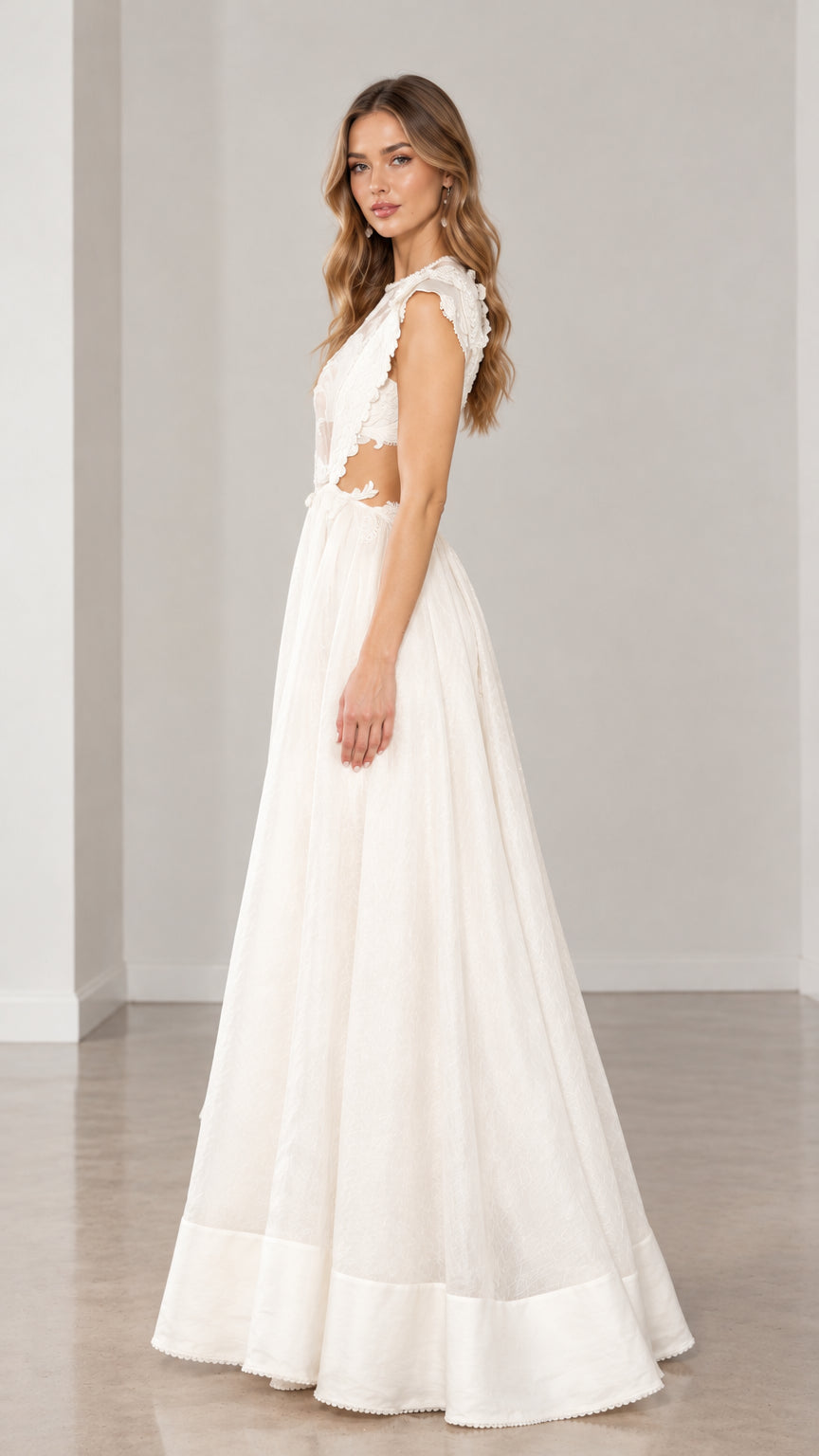 Ivory formal evening gown with side waist cut-out side angle view