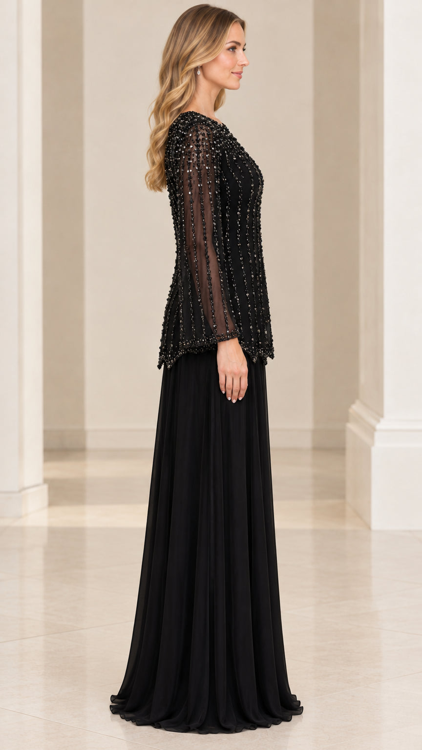Side profile view of woman wearing Black beaded long sleeve formal maxi dress