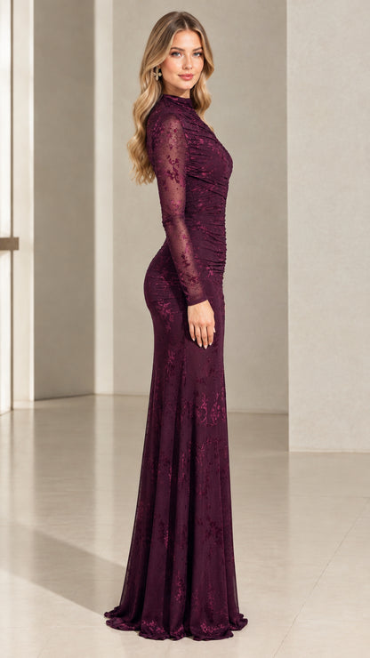 Side profile view of Burgundy Long Sleeve Floral Lace Mermaid Gown