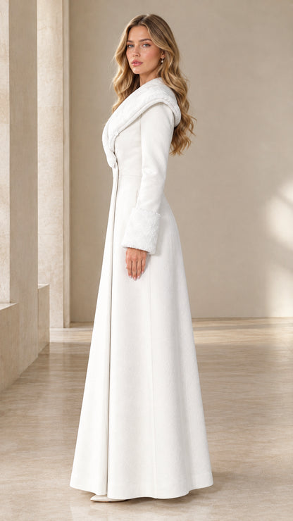 Side profile of elegant white tailored winter maxi coat