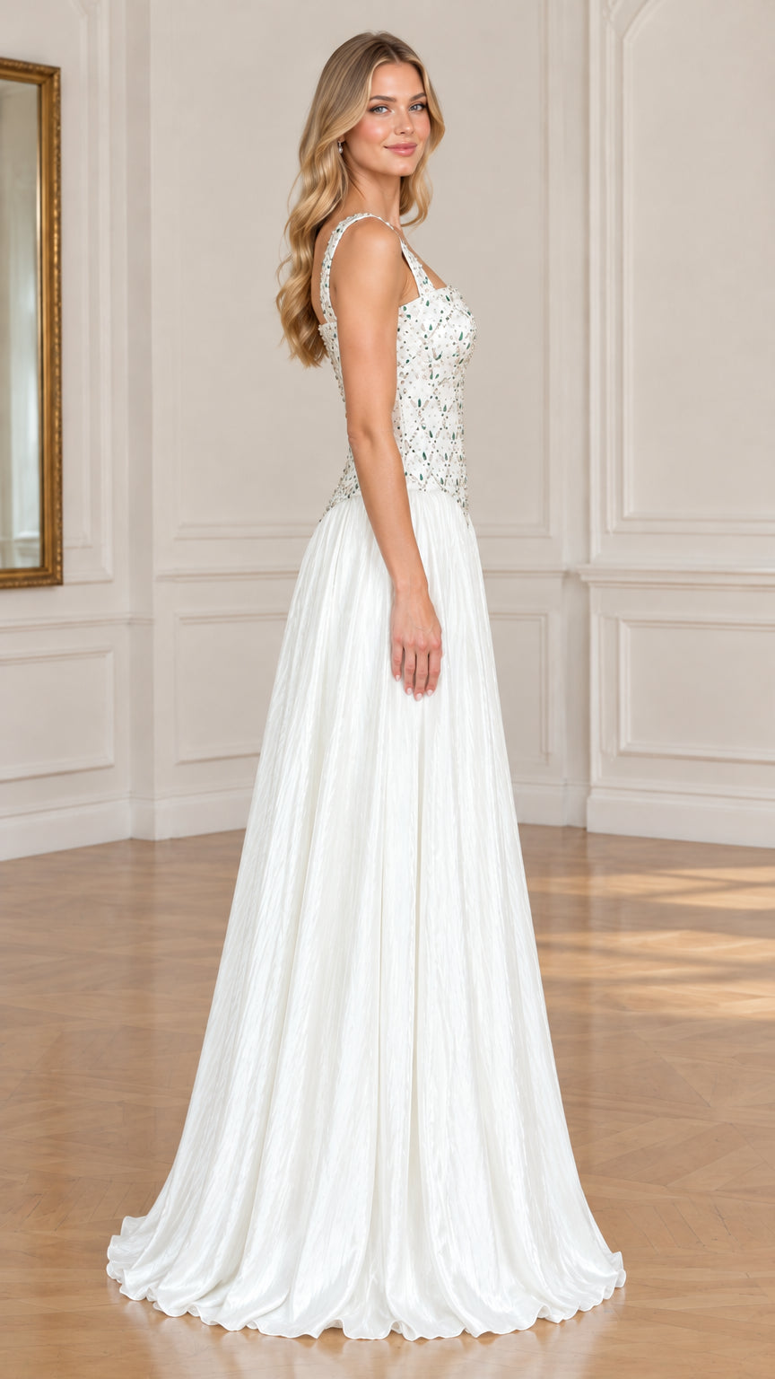 Side profile of white embellished square-neck formal maxi gown