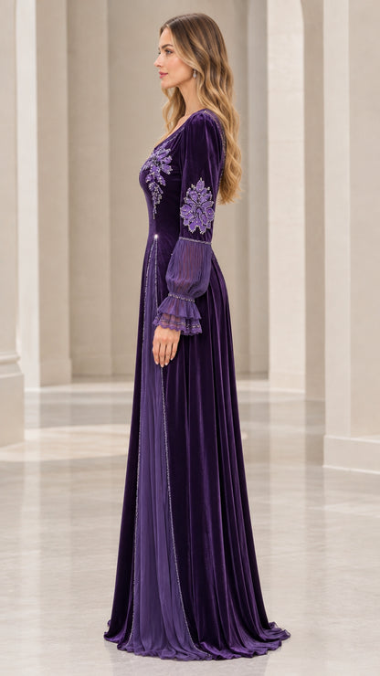 Side profile view of Deep Purple velvet maxi gown showing silhouette and sleeve drape
