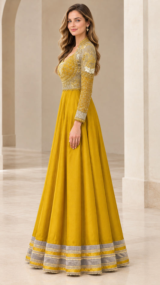 Side profile of Mustard Yellow long sleeve A-line maxi dress