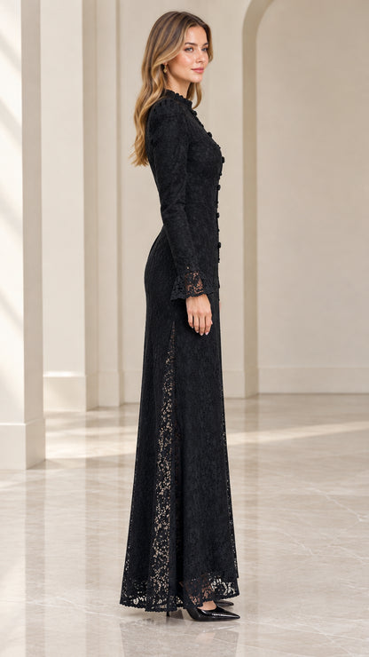 Side profile view of woman modeling Black lace maxi dress with flared cuffs