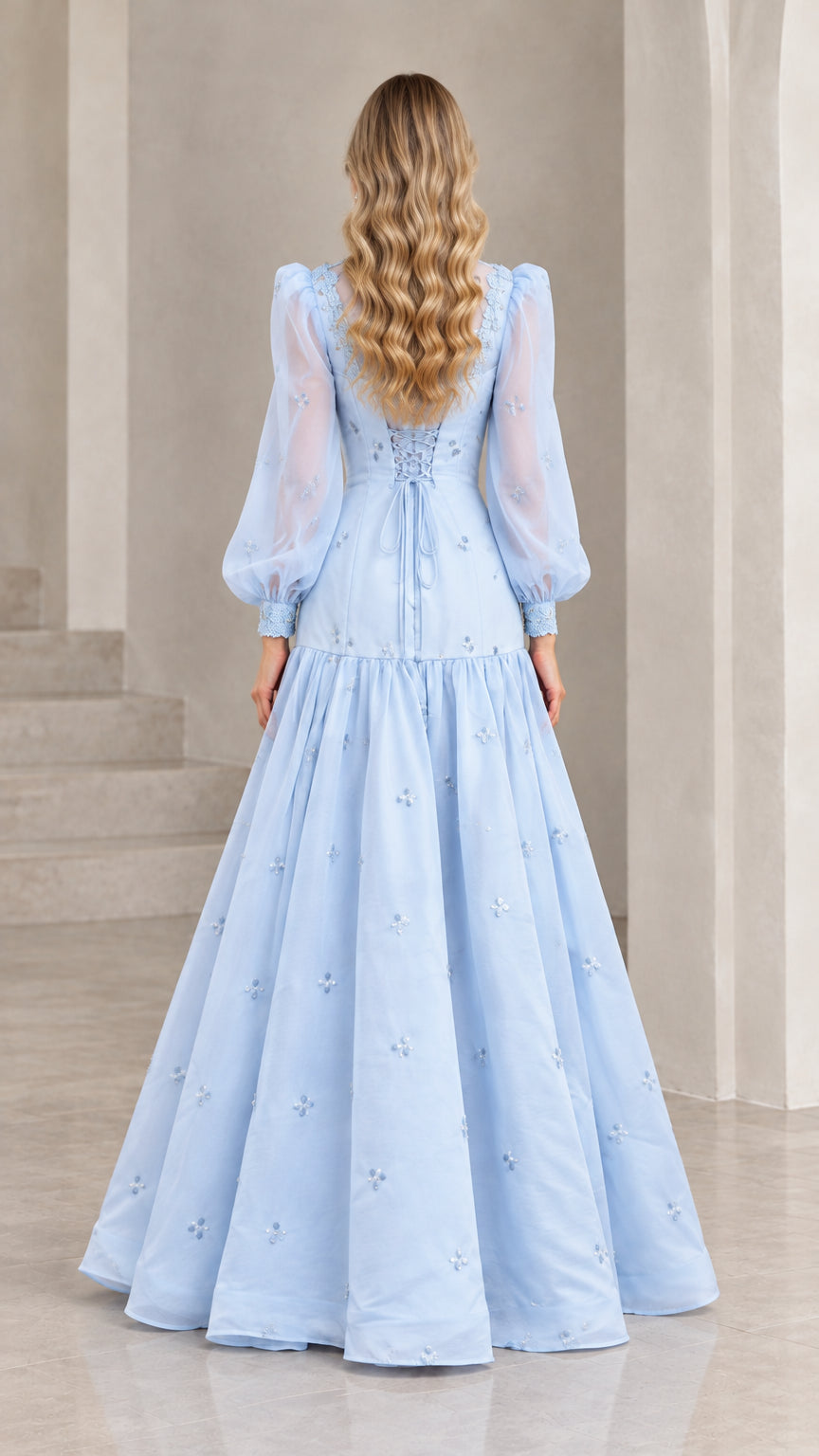 Sky blue evening gown with lace-up corset back detail