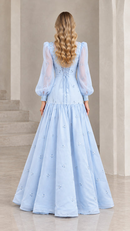 Sky blue evening gown with lace-up corset back detail