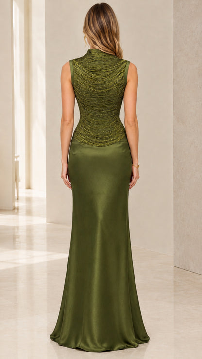 Back full length view of olive green high-neck satin formal gown