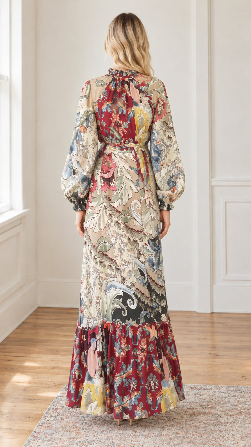 Back view of woman modeling ruffled high-neck long-sleeve maxi dress