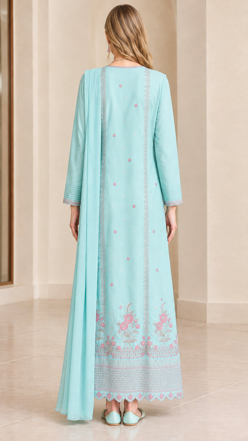 Back view of model in sky blue maxi dress showing elegant drape