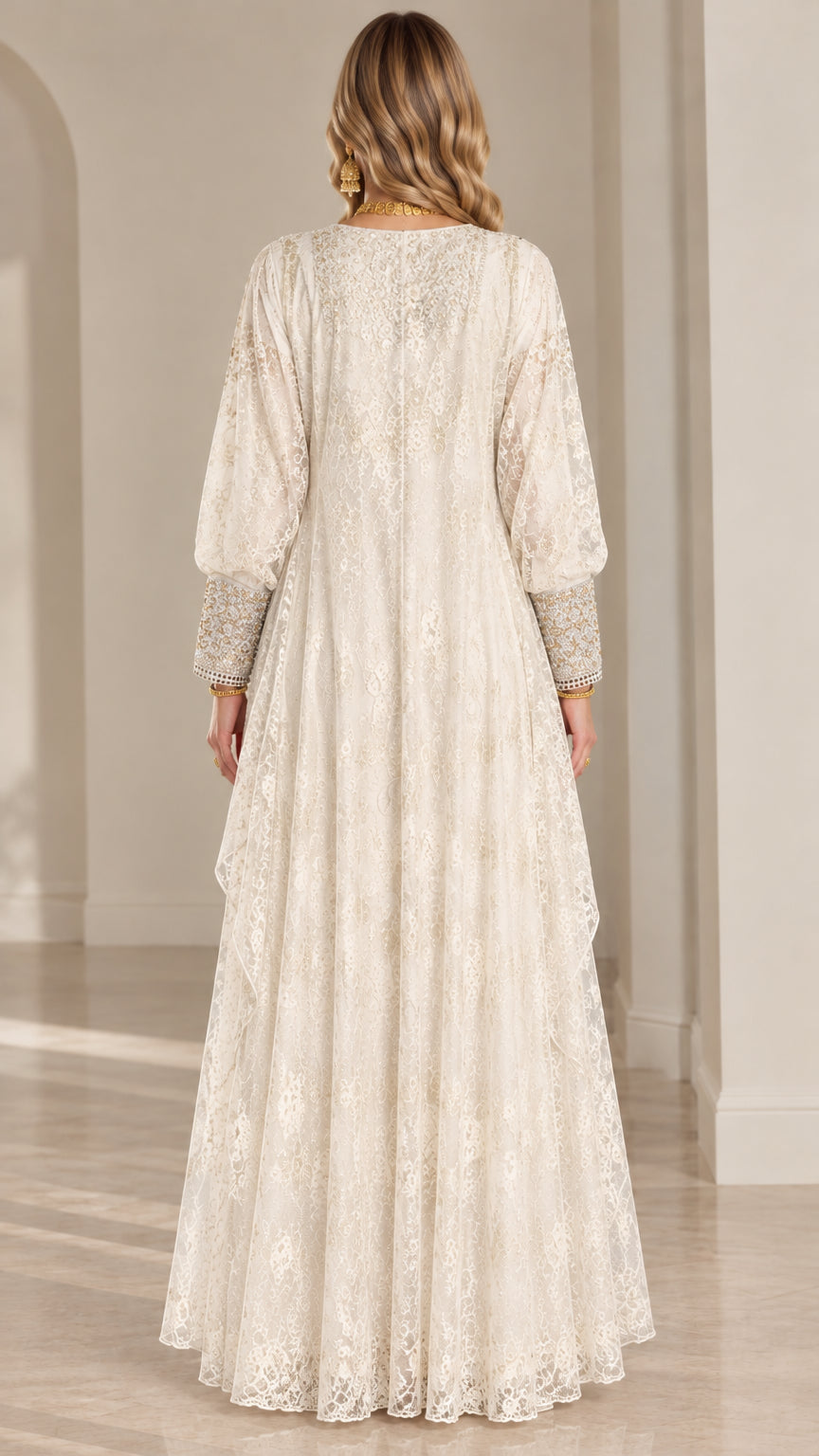 Back view of model in full-length ivory lace kaftan gown