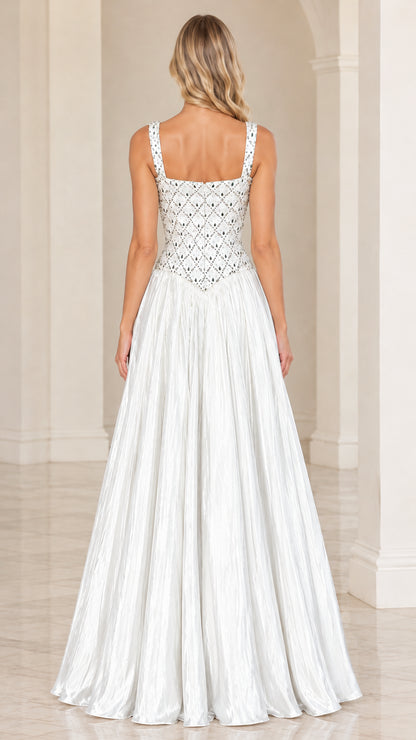 Back view of white square neck evening dress with drop-waist skirt