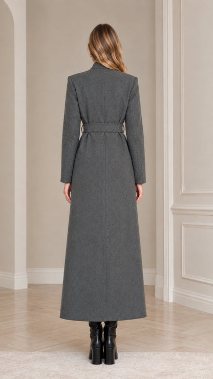 Back view of the Charcoal Grey floor-length overcoat showing back vent and belted waist