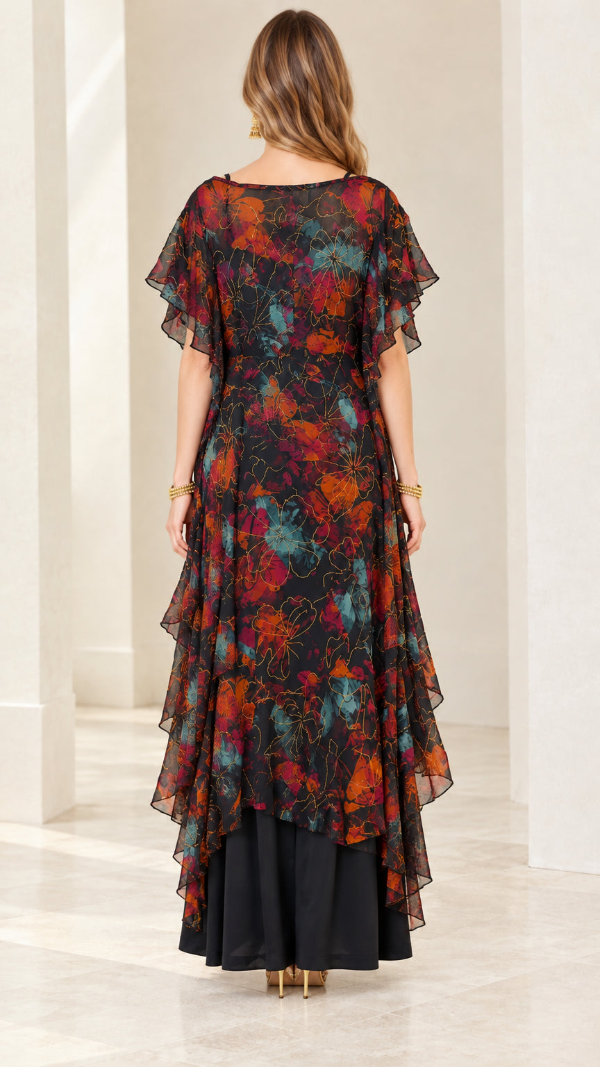 Back view of Black Multi floral chiffon maxi dress showing layered drape