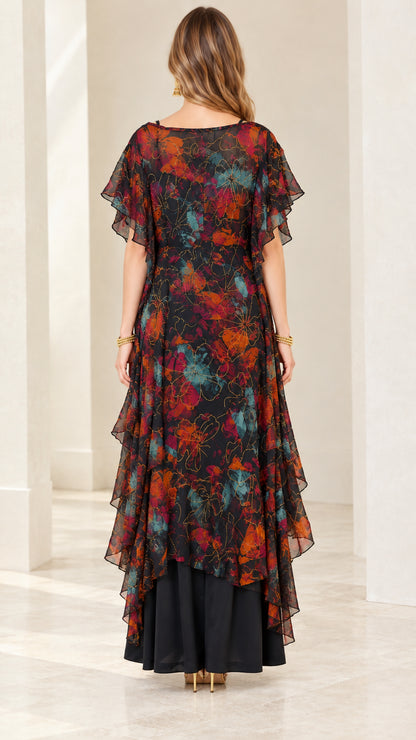 Back view of Black Multi floral chiffon maxi dress showing layered drape
