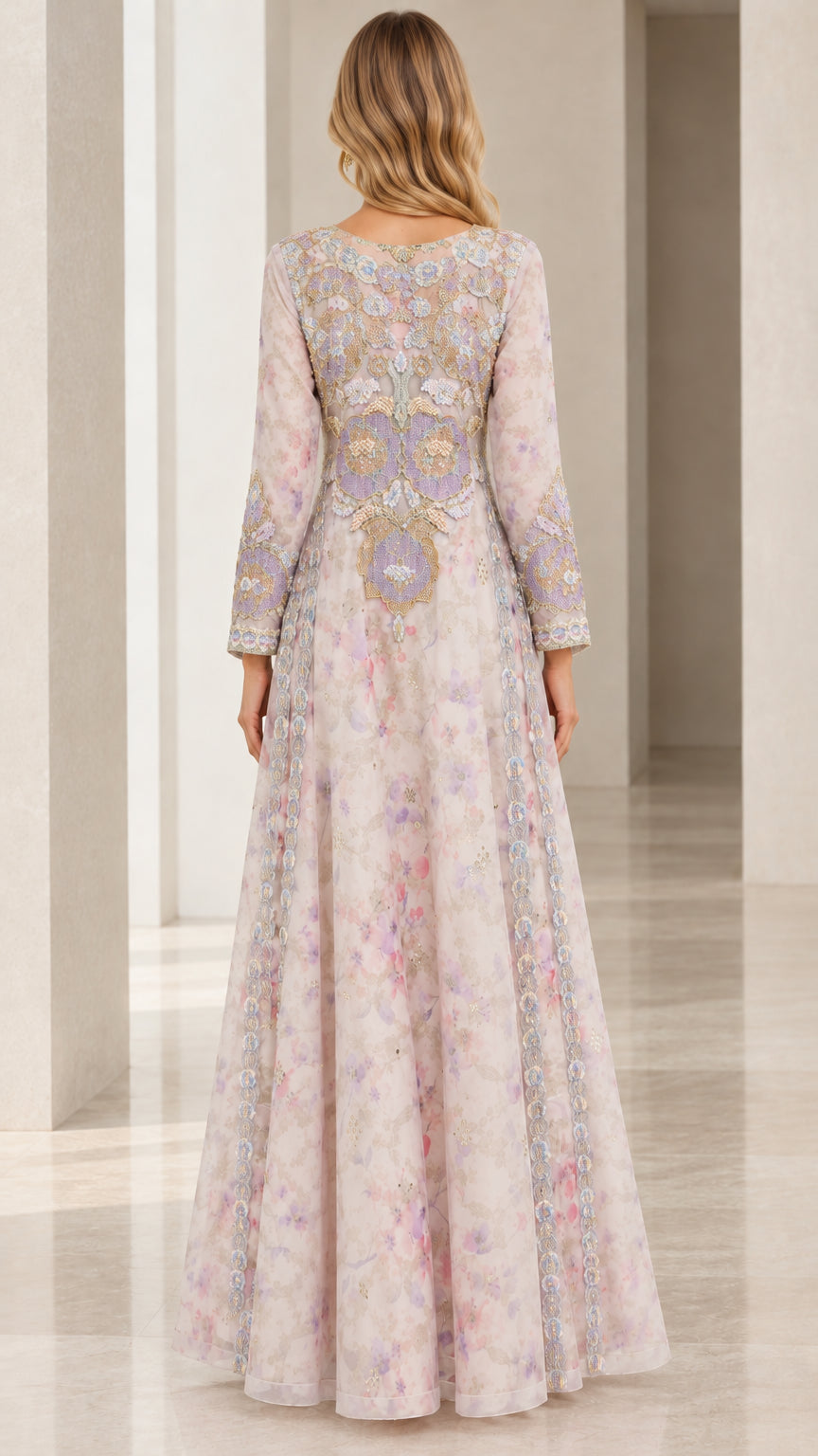 Back view of long sleeve blush lilac floral evening dress