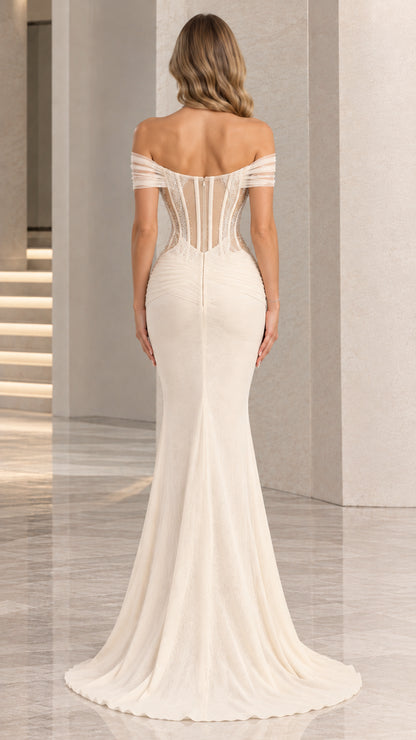 Ivory corset back mermaid formal dress back view