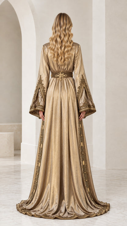 Back view of Champagne Gold long evening kaftan dress with belted waist