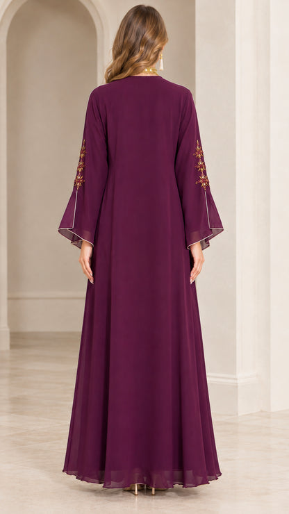 Back view of Plum floor-length modest kaftan dress showing elegant drape