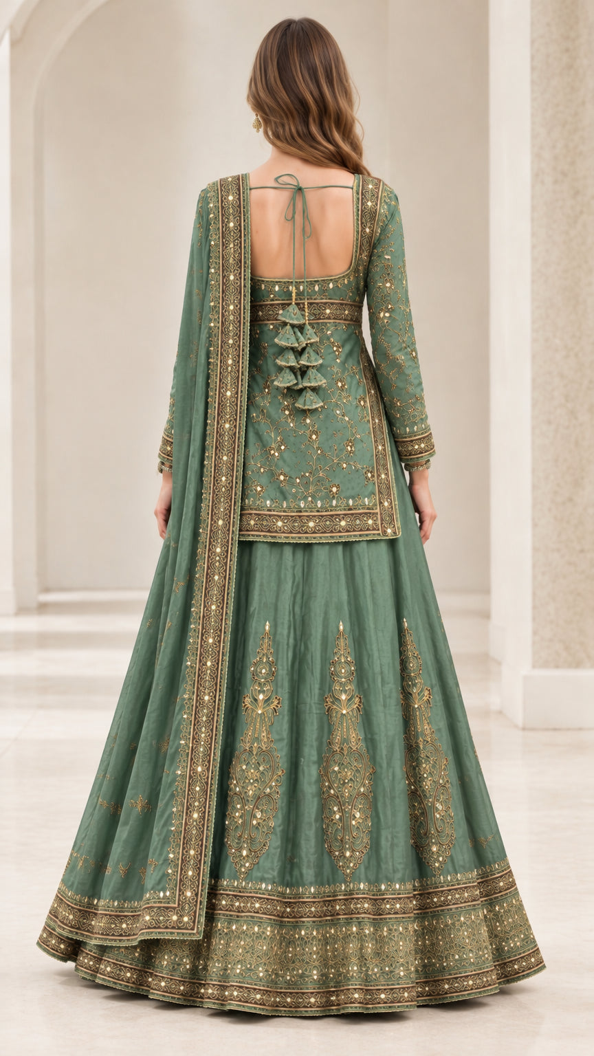 Back view of sage green embroidered kurti showing open back and tassel tie detail