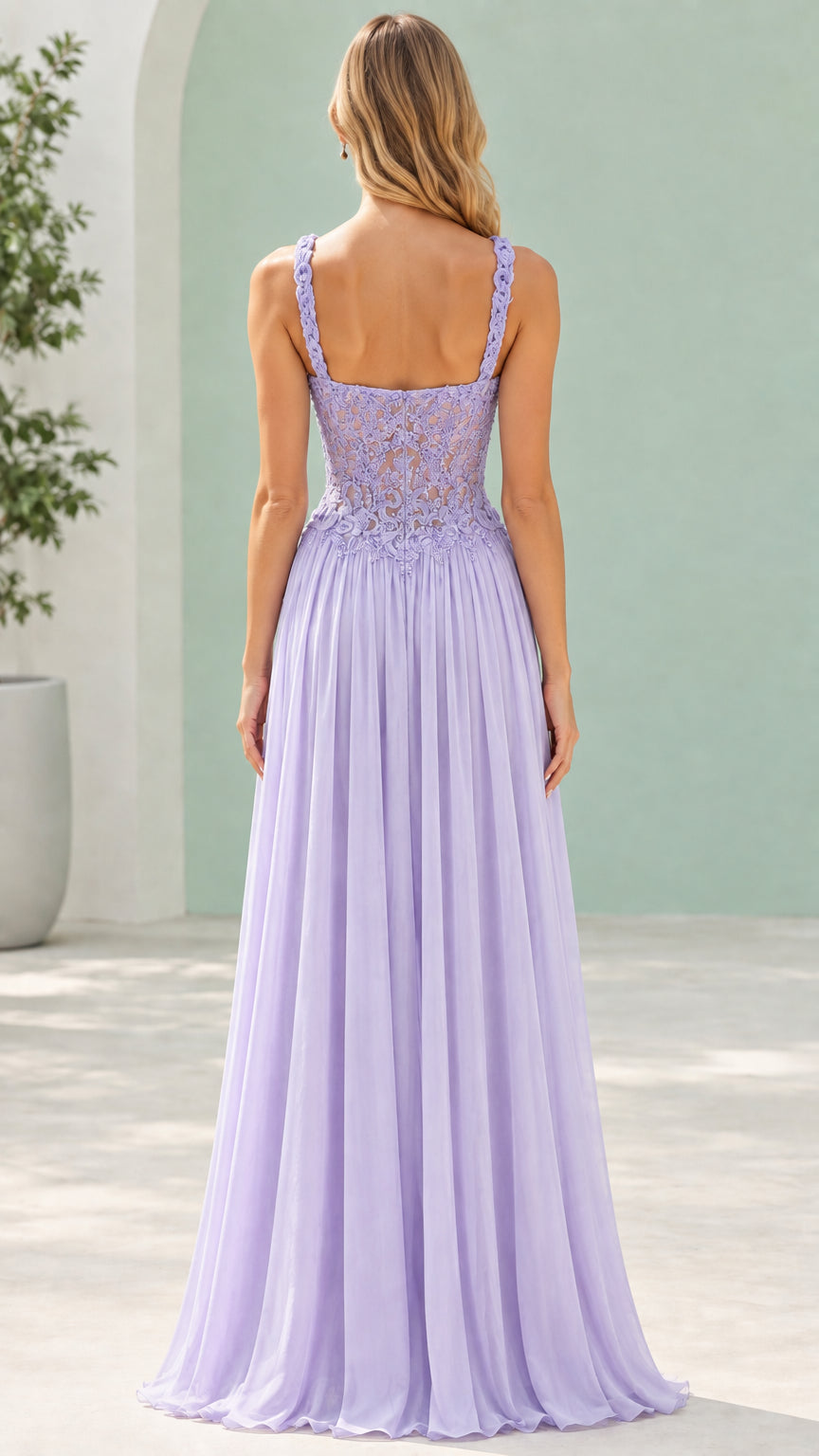 Lavender sweetheart lace bodice maxi dress back view